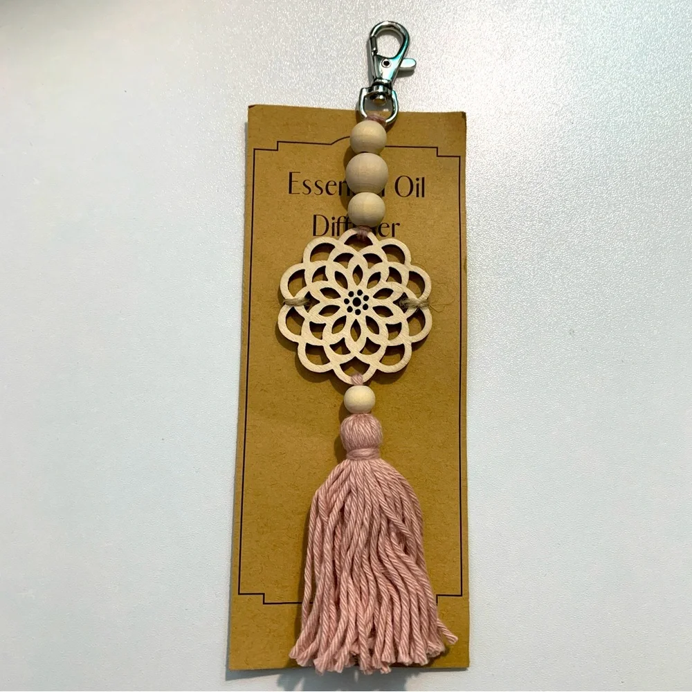 Mandala Keychain Diffuser Purse Charm with Wooden Beads and Pink Yarn Tassel